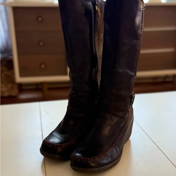 Chocolate Brown Wedge Boots Thick Stitching Y2K Folkcore Cottagecore Boho Artsy - Picture 3 of 7